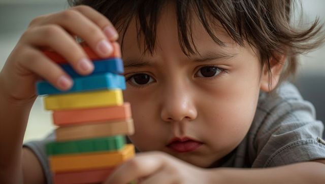 Preschool child stacking multicolored wooden blocks concentrating on tower