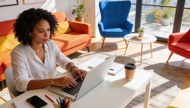 Remote professional woman working on laptop in sunlit modern home office with coffee
