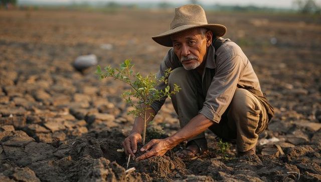Senior farmer reforesting drought-affected land for conservation