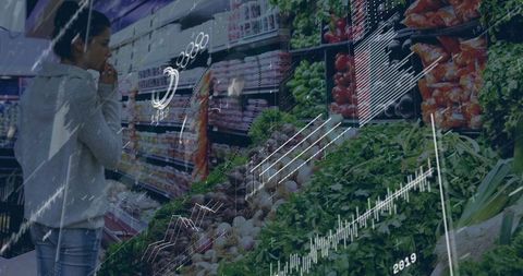 Browsing fresh produce with retail data overlay showing grocery shopper trends and insights