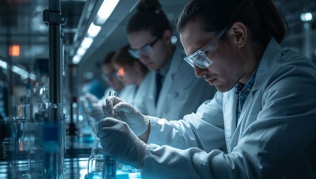 Scientist Pipetting Blue Reagent at Lab Bench Wearing Goggles Gloves and Coat