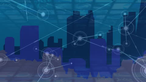 Blue Cityscape Overlaid with Global Digital Network