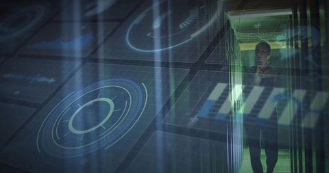 Woman Monitoring Holographic Network Interface in Dark Data Center Server Aisle