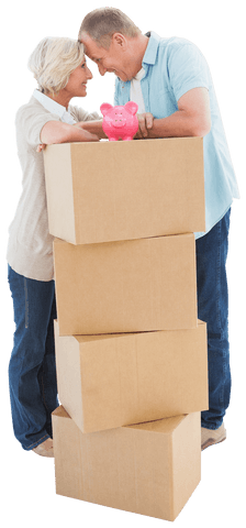 smiling elderly couple with stack of transparent moving boxes and piggy bank - Download Free Stock Videos Pikwizard.com
