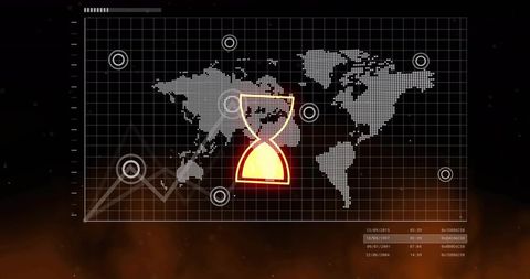 Glowing hourglass highlighting global countdown on dotted world map with holographic targets