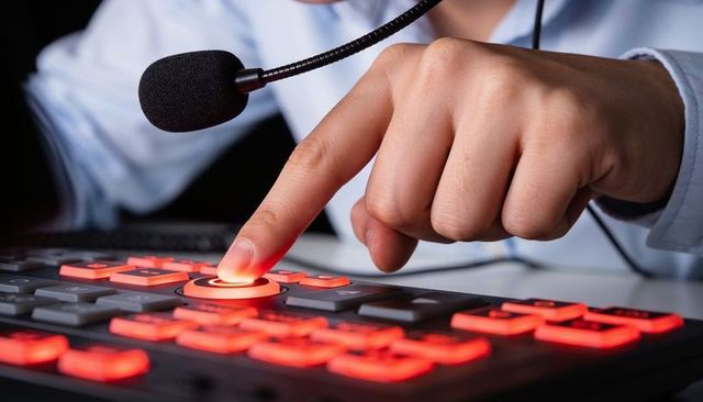 Pressing red record button on broadcast control panel with headset microphone live studio
