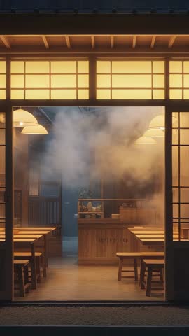 Vertical video of steaming wooden teahouse at dusk with warm lantern glow and zen ambiance