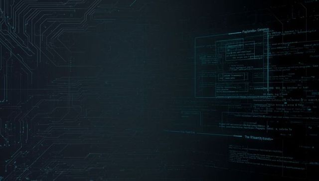 Futuristic Circuit and Code Interface with Glowing Graphics