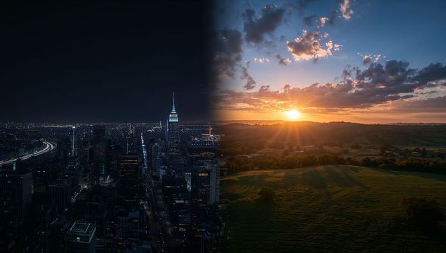 Vertical Split Day Night Contrast: Urban Nighttime Skyline Meeting Rural Sunset Landscape
