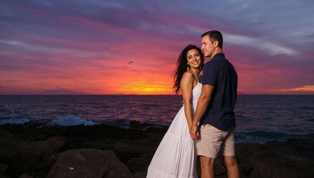 Couple holding hands on rocky shore at vibrant tropical sunset - romantic seaside portrait