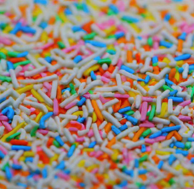 Bright, vivid sprinkles in an assortment of colors form an attractive background focusing on texture and detail. Perfect for use in food advertisements, celebrations, party invitations, and confectionary-focused designs.