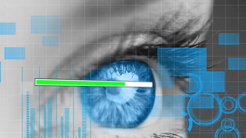Close-Up Blue Eye with Digital Data Interface Overlay