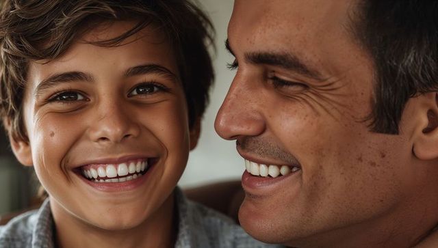 Father and son sharing warm closeup smile, intimate bonding moment, family happiness