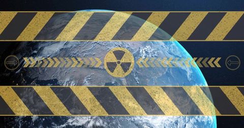 Earth showing radiological warning tape and distressed hazard overlay in orbit