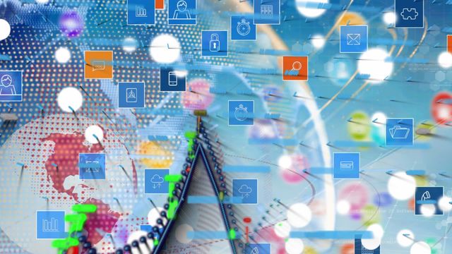 Abstract representation of global network and data processing technology. Ideal for use in presentations, websites, or marketing materials related to IT, digital transformation, global communication, and data security. Symbolizes concepts like cloud computing, data analysis and cybersecurity.