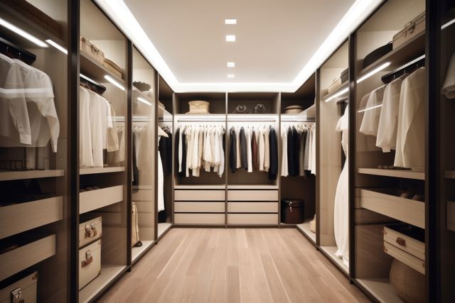 Depicts a sleek, modern walk-in closet featuring minimalist design with LED lighting. Shelves and drawers neatly organize clothing and accessories. Perfect for illustrating luxury homes, interior design, organization tutorials, or storage solutions. Can be used in magazines, blogs, or advertisements focused on luxury lifestyle, home improvements, or interior design services.