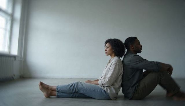 Contemplative couple sitting back-to-back in minimal studio with natural window light