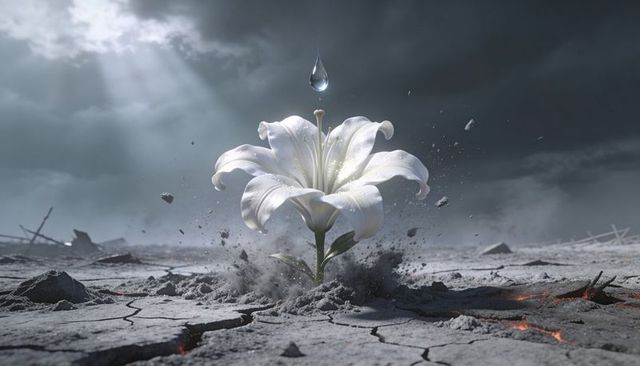 White lily emerging through cracked parched earth under stormy sky, single droplet rising