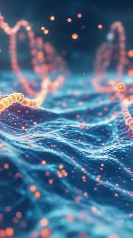 Vertical 3D Wave Animation: Rippling Blue Mesh with Oscillating Orange Filaments, Particles