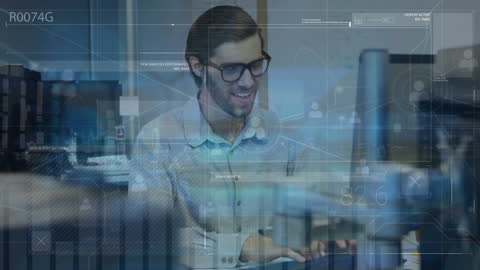 Business Professional Analyzing Data with Technology Overlay