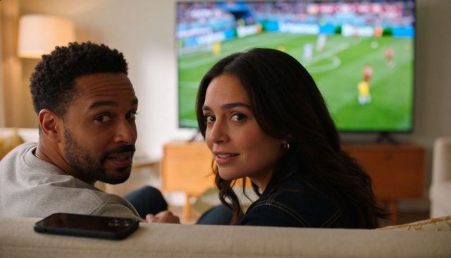 Couple turning on beige sofa watching soccer match on tv in cozy living room