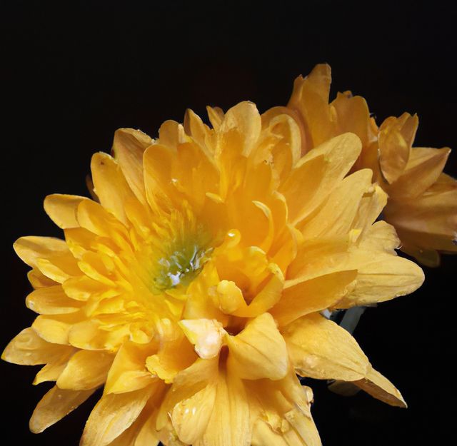 Close-up of vibrant yellow chrysanthemums with a black background highlighting their detailed petals and fresh appearance. Perfect use for nature-themed projects, floral decorations, gardening advertisements, or botanical presentations.