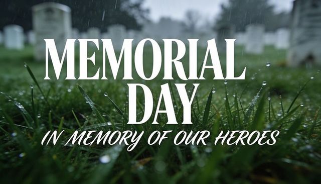 Memorial day rain-soaked cemetery grass with dewy blades, blurred tombstones, remembrance