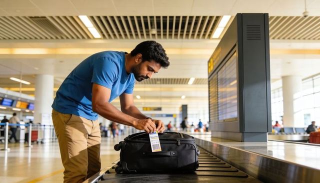 Traveler checking luggage tag at airport baggage claim carousel with carry-on bag