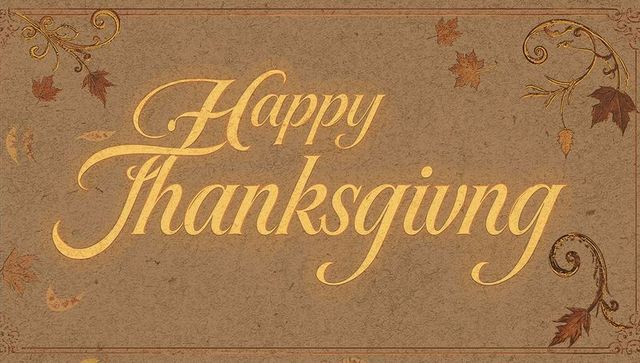 Happy thanksgiving gold calligraphy on vintage textured paper with autumn filigree border