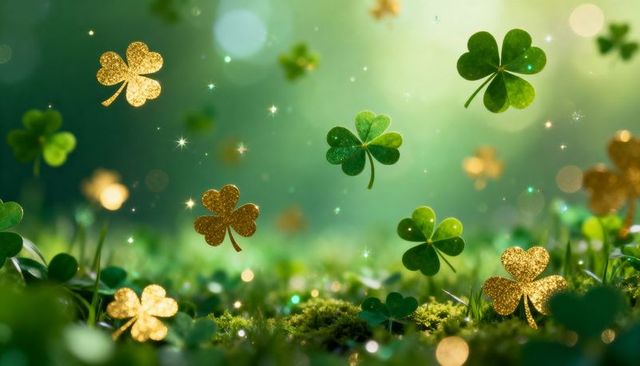 Floating clover and golden glitter on moss, whimsical st patrick's day bokeh background