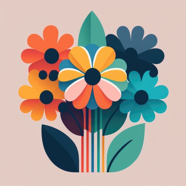 Flowers with colourful petals on gray background, created using generative ai technology. Retro, nature and flower concept.