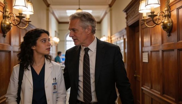 Senior physician mentoring young doctor in wood-panel hospital corridor - leadership conversation