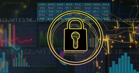 Golden Padlock Icon Over Analytics Dashboard for Data Encryption and Network Security