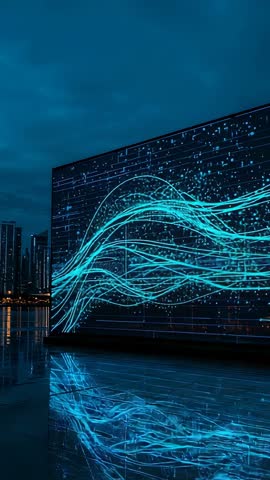 Vertical video of cyan data waves animating on LED waterfront display with city reflections