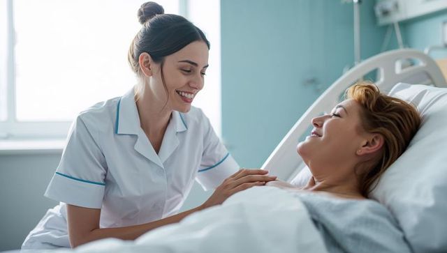 Nurse comforting smiling patient in hospital bed demonstrating compassionate bedside care