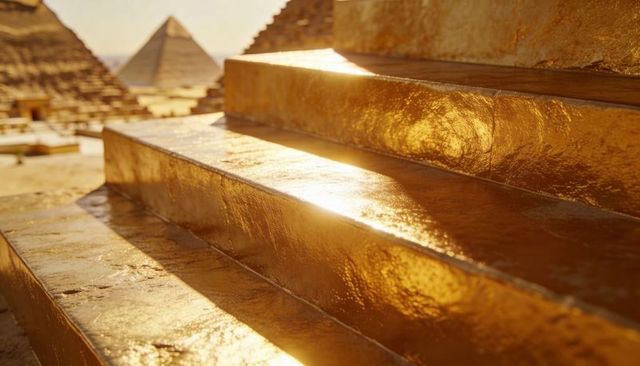 Golden pyramid steps reflecting sunset light, gleaming on ancient desert ruins