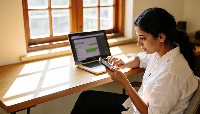 Indian woman checking smartphone and working on laptop at sunny home desk for remote work