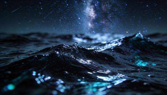 Glistening ocean wave reflecting milky way and shooting stars with turquoise night glow