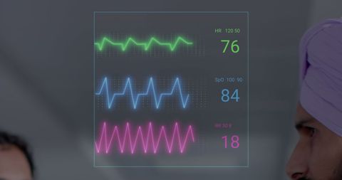 Heart Monitor Interface Overlaid on Medical Professionals in Discussion