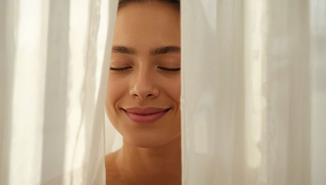 Smiling woman standing between sheer white curtains soaking up soft daylight