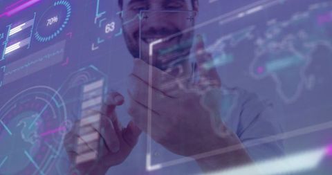 Male tech professional tapping smartphone while viewing holographic AR interface
