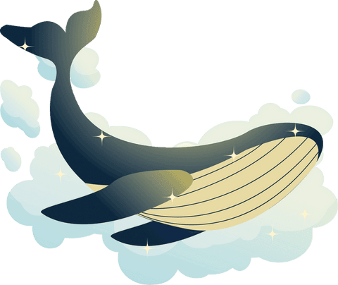 Whimsical transparent whale floating in puffy clouds