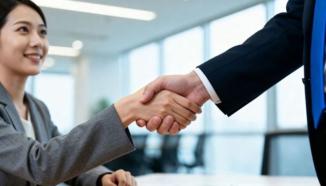 Handshake sealing deal between professionals in modern glass-walled office boardroom