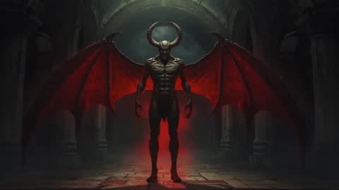 Menacing Demon Emerging in Gothic Arched Hallway with Red Glow