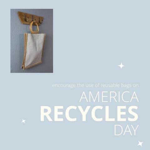 america recycles day promotion with reusable tote bag on blue background - Download Free Stock Templates Pikwizard.com