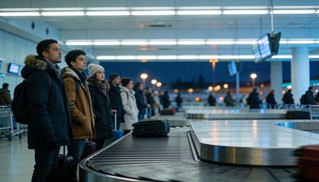 Passengers waiting at airport baggage carousel wearing winter coats holding luggage