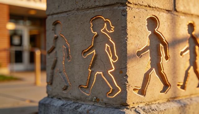 Backlit concrete pillar with walking child cutouts glowing in warm golden hour light