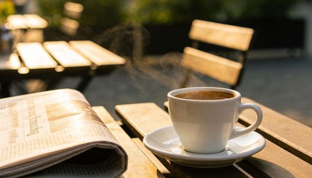 Steaming coffee cup on wooden cafe table with folded newspaper and golden-hour bokeh