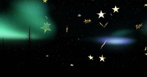 Drifting metallic gold star ornaments over emerald aurora and forest horizon