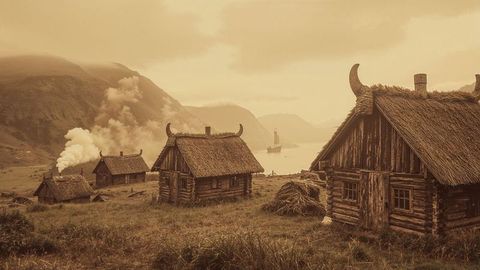 Rustic thatched viking cabins overlooking serene fjord